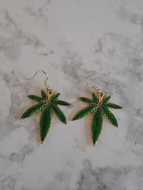 Gold-Trim Green Pot Leaf Drop Earrings - Women Jewelry